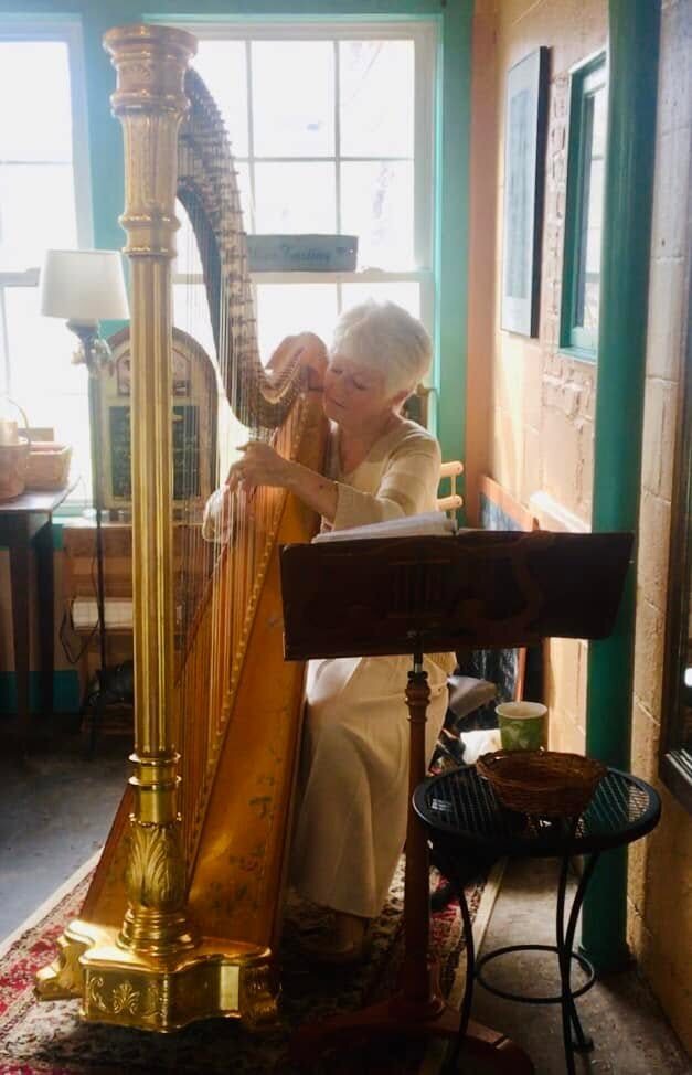 The brunch harpist at her concert harp beside the teal windows at Basic Necessities