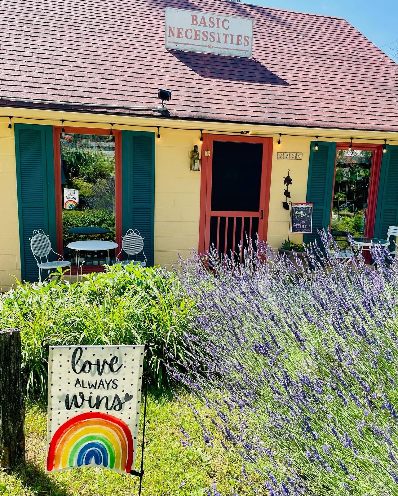 The yellow facade of Basic Necessities behind its lavender garden